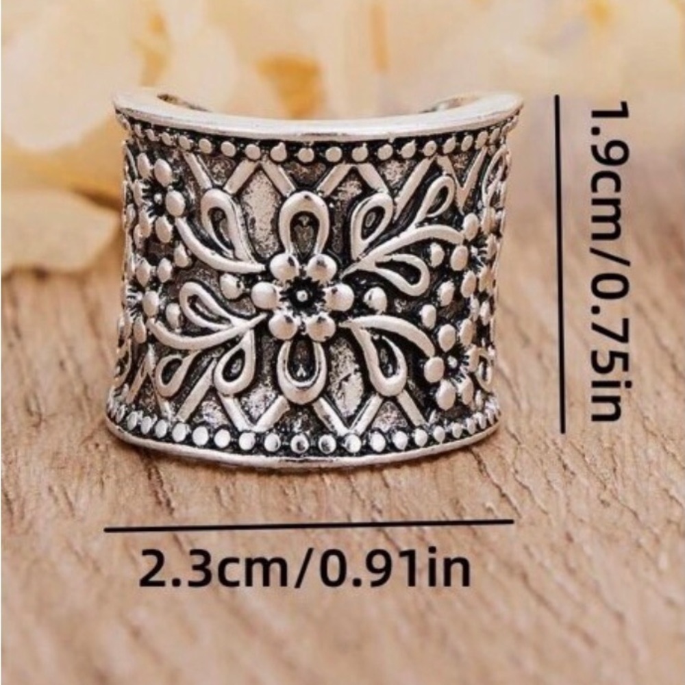 Silver- Tone Floral Wide Band Thumb Ring Adjustable Boho Vintage Style Statement - Picture 7 of 11